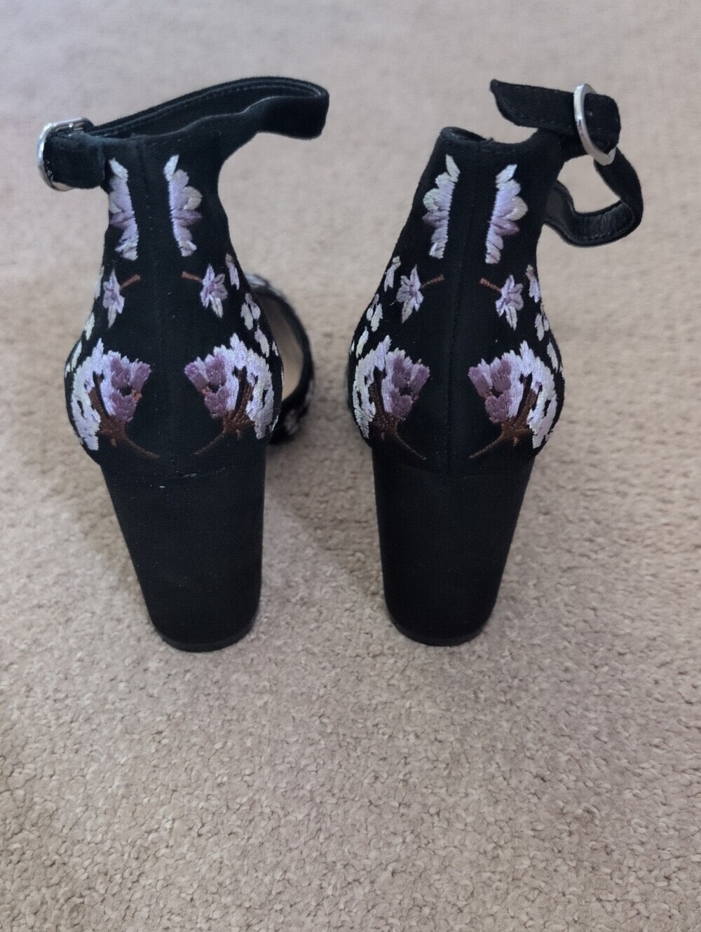 White House Black Market Embroidered Floral Suede Chunky Strapped Heels - Picture 2 of 5